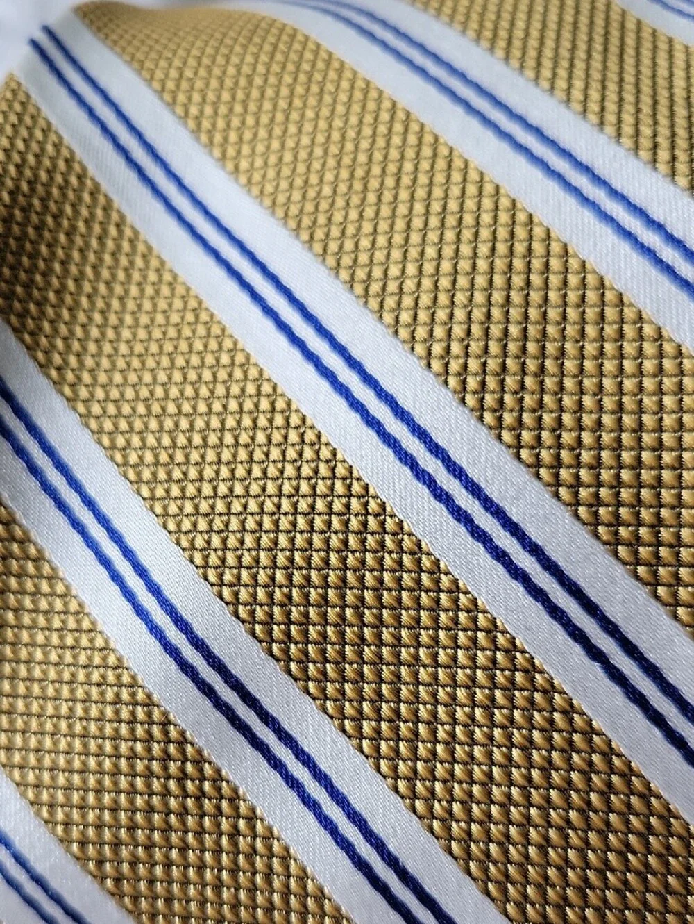 Jos.A.Banks 100% Silk Striped Tie Mustard Gold Blue White Every Season Excellent